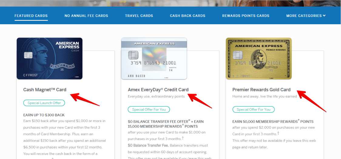 American Express website screenshot displaying types of credit cards available to apply for